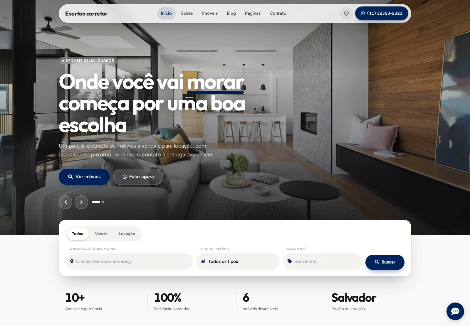 Modelo Aurora: menu em cápsula flutuando sobre a foto e console de busca com abas de Venda e Locação